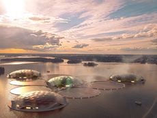 Render of geothermal energy vision, with domes on water, from ‘Transform! Designing the Future of Energy’ at Vitra Design Museum