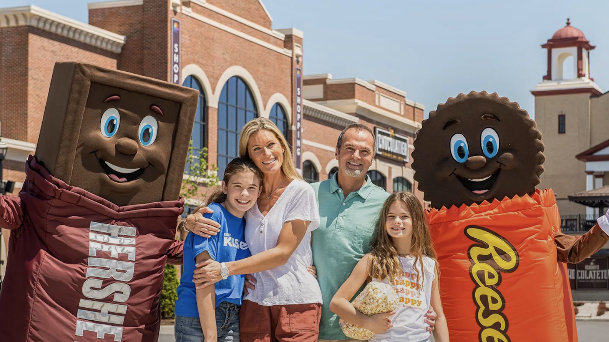 A family posing with characters at Hershey Park.