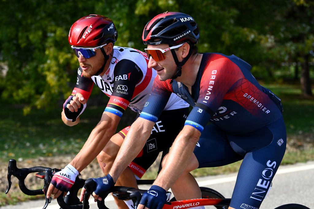 BEINASCO ITALY OCTOBER 06 LR Matteo Trentin of Italy and UAE Team Emirates and Elia Viviani of Italy and Team INEOS Grenadiers compete during the 106th Gran Piemonte 2022 a 198km one day race from Omegna to Beinasco GranPiemonte on October 06 2022 in Beinasco Italy Photo by Tim de WaeleGetty Images