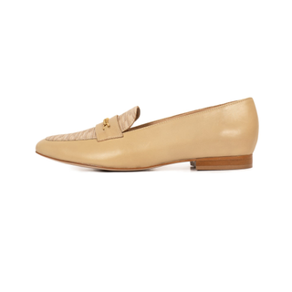 beige flat leather loafers with gold hardware 