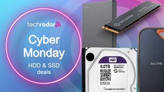 A selection of SSDs and HDDs next to text promoting Cyber Monday deals