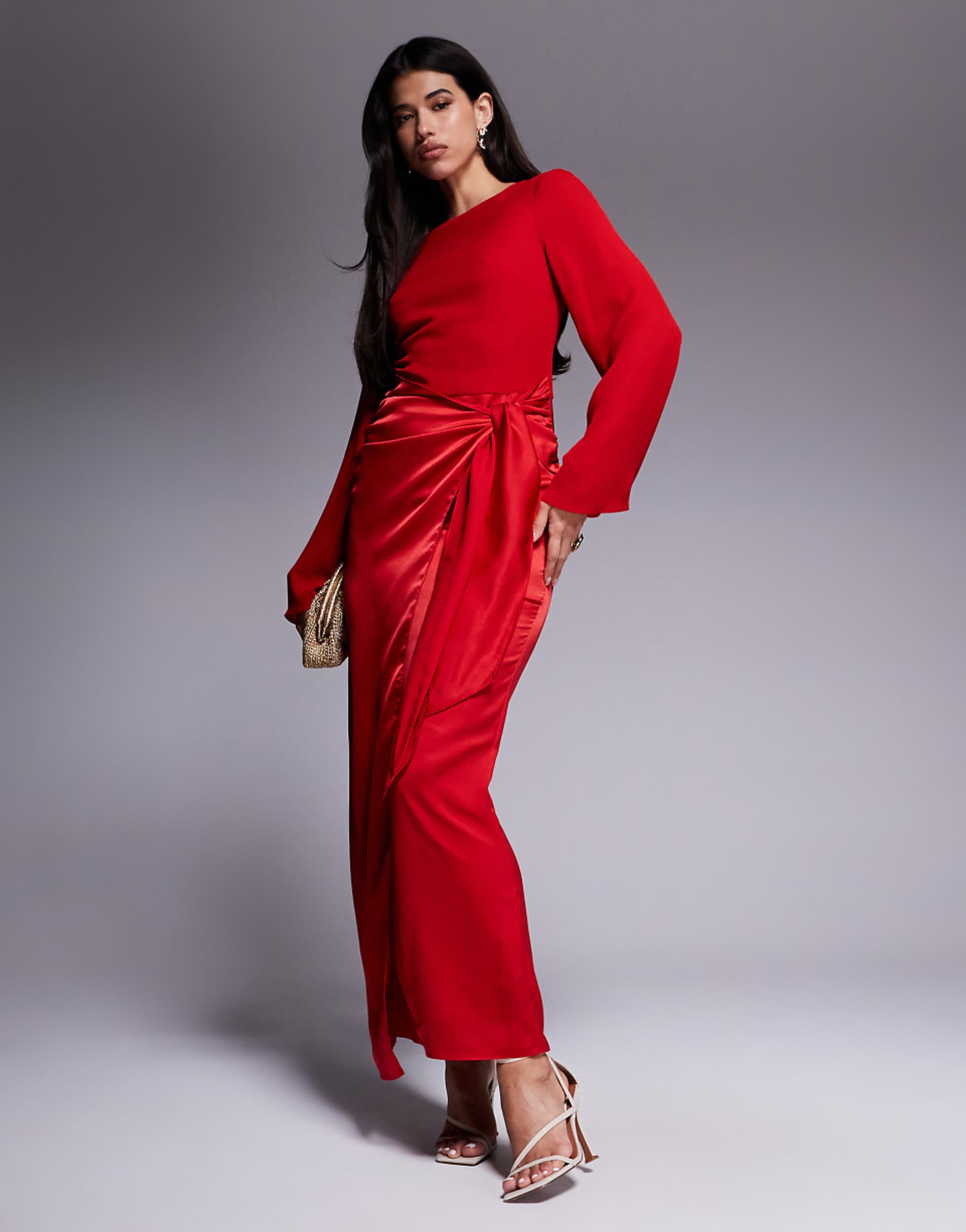 Asos Design Blouson Sleeves Chiffon Maxi Dress With Satin Wrap Skirt in Red