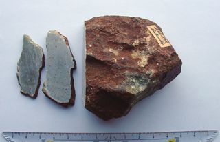 A photo of a rock sample collected by C.E.A. Wichmann in 1898 from the Torare River in the Papua province of Indonesia. On loan from Utrecht University, the rock is thought to be a match to the Emirau Island jade artifact.