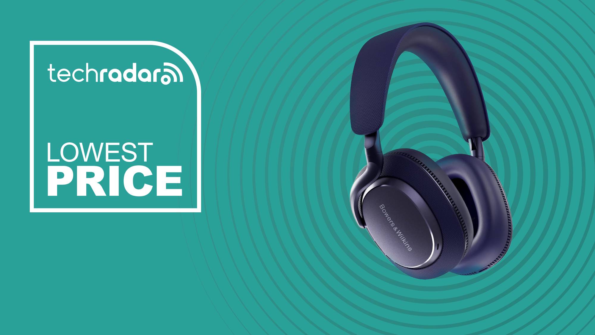 The Bowers &amp; Wilkins Px7 S3 in front of a teal background, featuring the words &#039;TechRadar: lowest price&#039;.