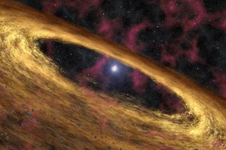 An artist's rendering of a pulsar surrounded by a glowing disk of matter. In 'black widow' pulsars, that matter comes from a smaller companion star that's slowly being irradiated out of existence.