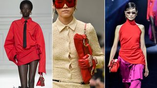 A composite of models on the runway showing fall/winter handbag trends 2023 red handbags