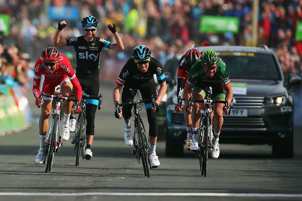 Lars-Petter Nordhaug (c) of Norway and Team SKY sprints for the finish line on his way to winning stage one of the Tour de Yorkshire from Bridlington to Scarborough