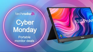 Cyber Monday text next to a portable monitor