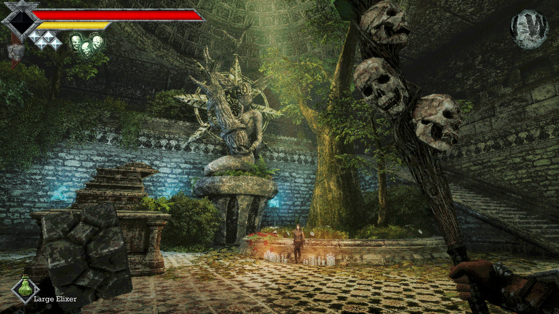 In retro fantasy RPG, Queen's Domain, the player character approaches the stature of a figure by a tree in a tomb-like setting while wielding a staff covered in skulls