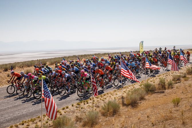 The peloton rolls out for the start of stage 3 at the 2018 Tour of Utah