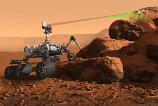 NASA's Mars 2020 rover will look for signs of past life on Mars, and collect and store a set of soil and rock samples that could be returned to Earth in the future. Shown here is an artistic representation of the robot's SuperCam instrument during operation.