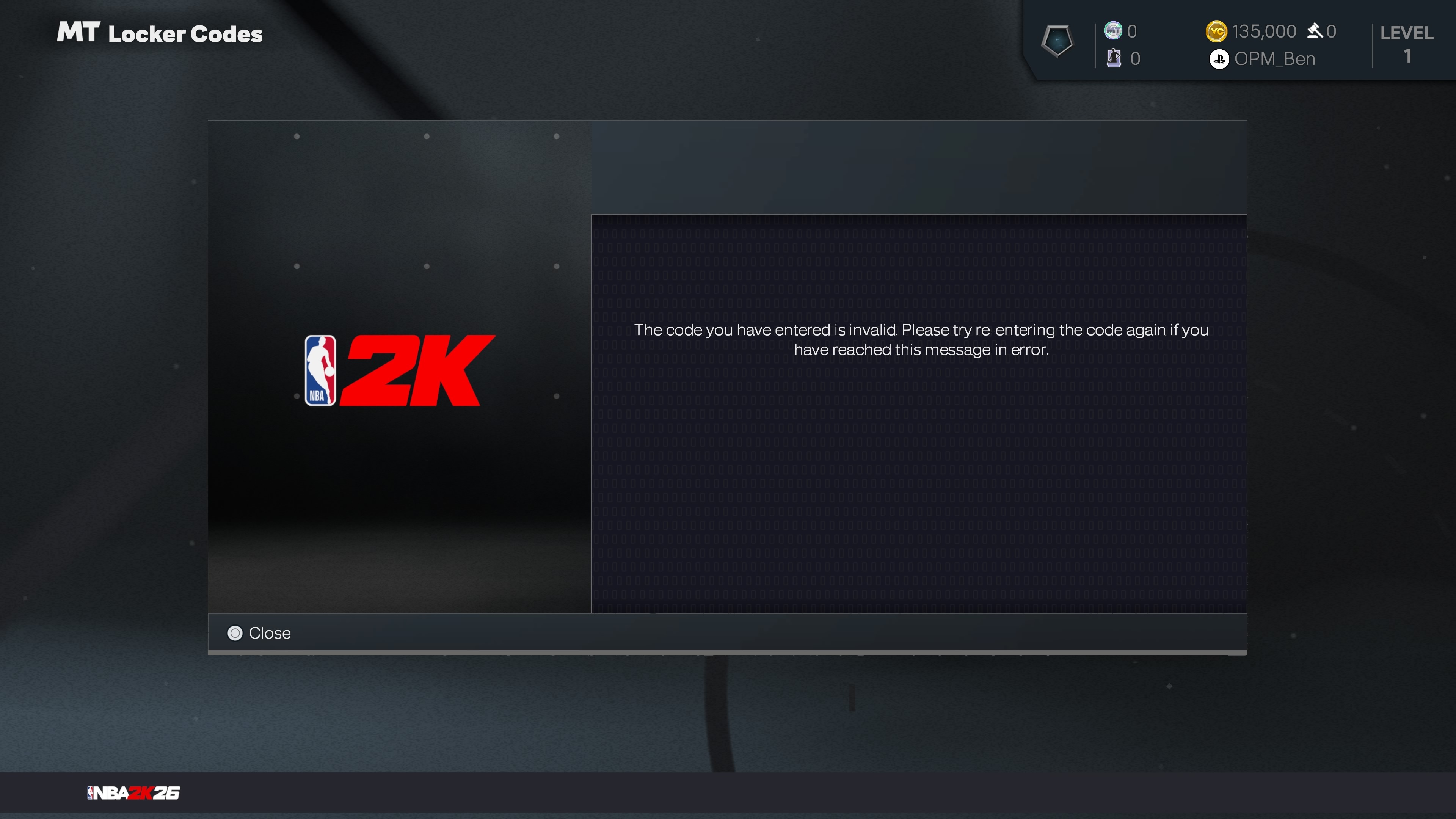 An example of NBA 2K26 locker codes not working