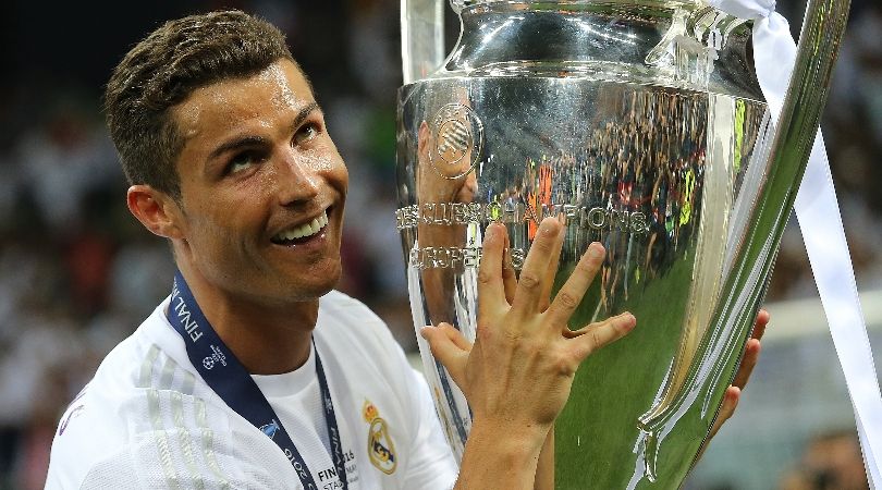 Cristiano Ronaldo celebrates with the Champions League trophy after Real Madrid&#039;s win over Atletico Madrid in the 2016 final in Milan.