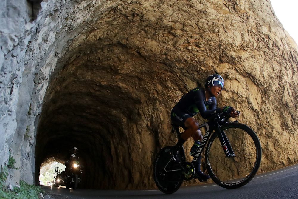 Nairo Quintana emerges from a tunnel during stage 13 at the Tour de France.