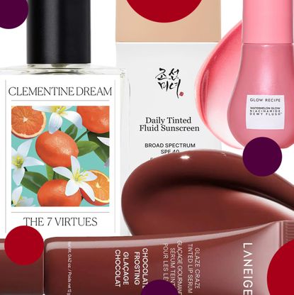 product collage of The 7 Virtues Clementine Dream Eau De Parfum, Glow Recipe Watermelon Glow Niacinamide Dewy Flush, Beauty of Joseon Daily Tinted Fluid Sunscreen, Laneige Glaze Craze Tinted Polypeptide Lip Serum on white background red and purple polka dots 