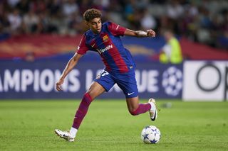 Lamine Yamal on the ball for Barcelona against Royal Antwerp in the Champions League in September 2023.
