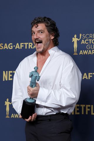 Pedro Pascal, winner of the Outstanding Performance by a Male Actor in a Drama Series award for 'The Last of Us' poses in the press room during the 30th Annual Screen Actors Guild Awards.