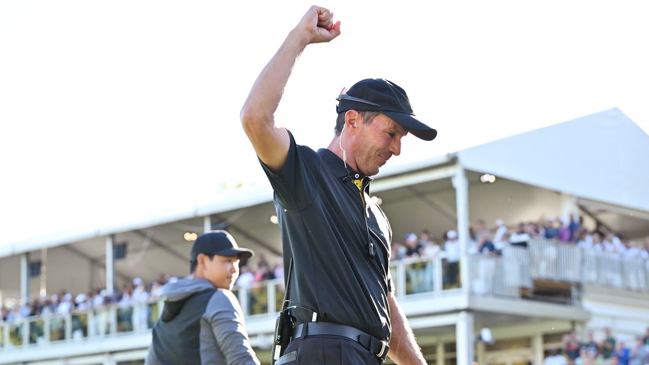 International Team Captain Mike Weir celebrates on the 13th green during Friday Foursomes on day two of the 2024 Presidents Cup at The Royal Montreal Golf Club on September 27, 2024 in Montreal, Quebec, Canada.