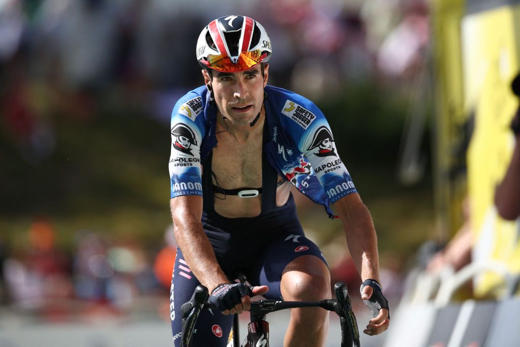 Soudal Quick-Step team's Spanish rider Mikel Landa cycles to the finish line of the 15th stage of the 111th edition of the Tour de France cycling race, 197,7 km between Loudenvielle and Plateau de Beille, in the Pyrenees mountains, southwestern France, on July 14, 2024. (Photo by Anne-Christine POUJOULAT / AFP)