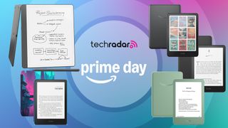 Amazon Prime Day banner with Amazon Kindle Scribe, Kindle Colorsoft, Kindle Paperwhite and Paperwhite Kids, and basic Kindle in Matcha green color