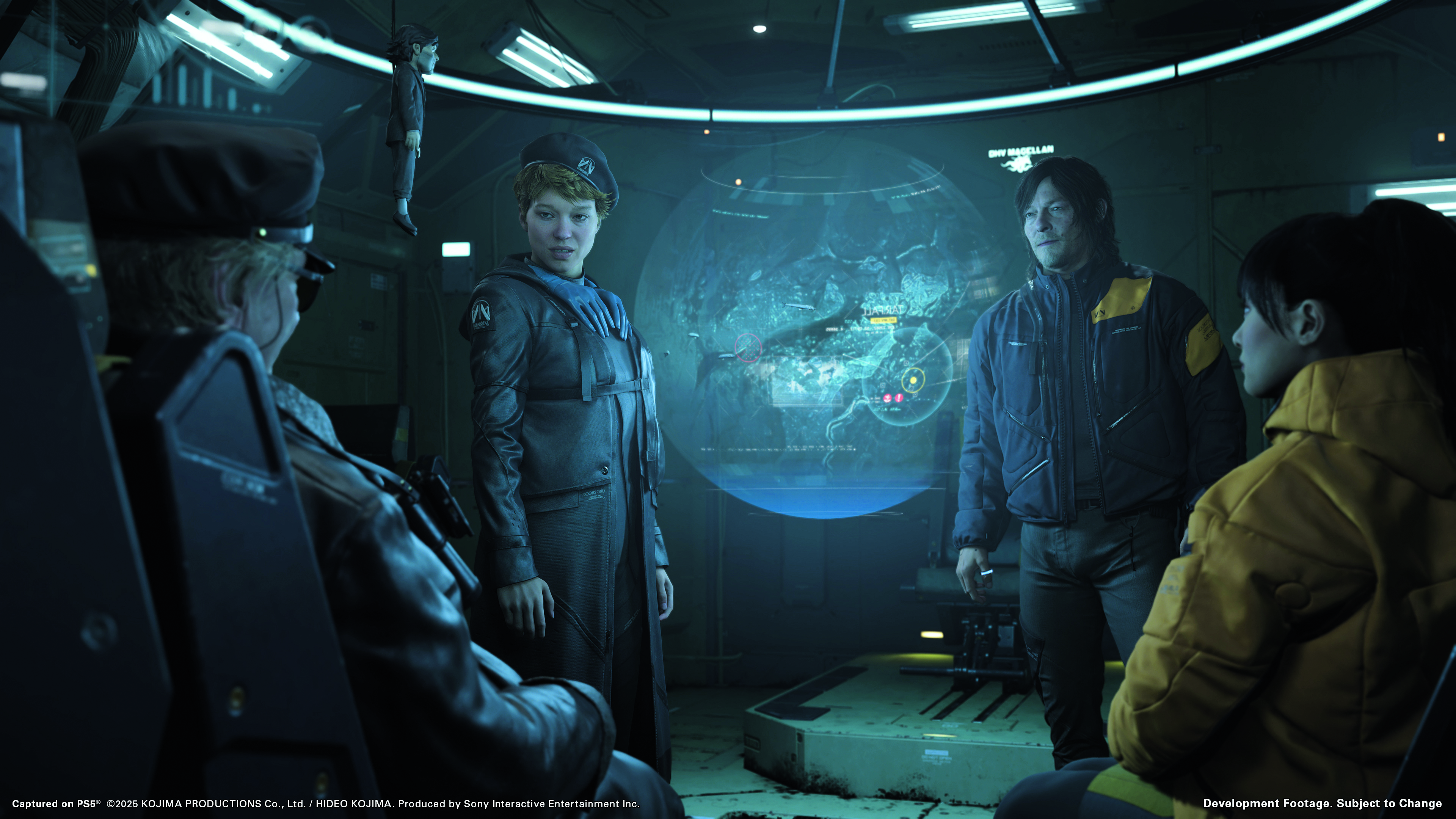 Sam Bridges, Fragile, Tarman, and Rainy talk on the bridge of their ship in Death Stranding 2: On the Beach, from the Edge Magazine cover feature