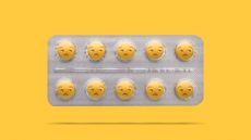 Illustration of contraceptive pills with an unamused emoji face