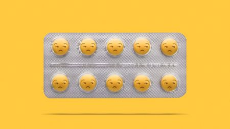 Illustration of contraceptive pills with an unamused emoji face