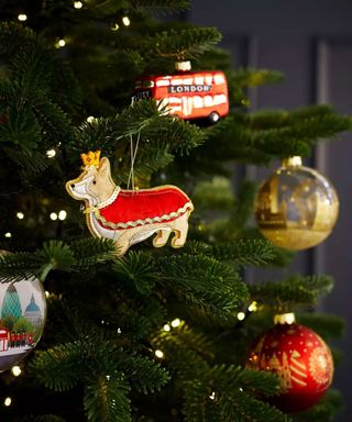 Close up of corgi decoration on christmas tree