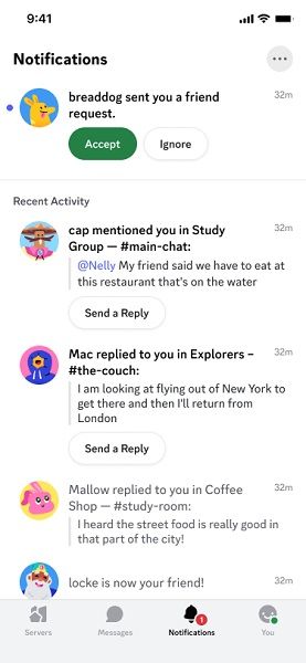 Discord's new "Notifications" tab shows alerts for mentions, server activity, and more