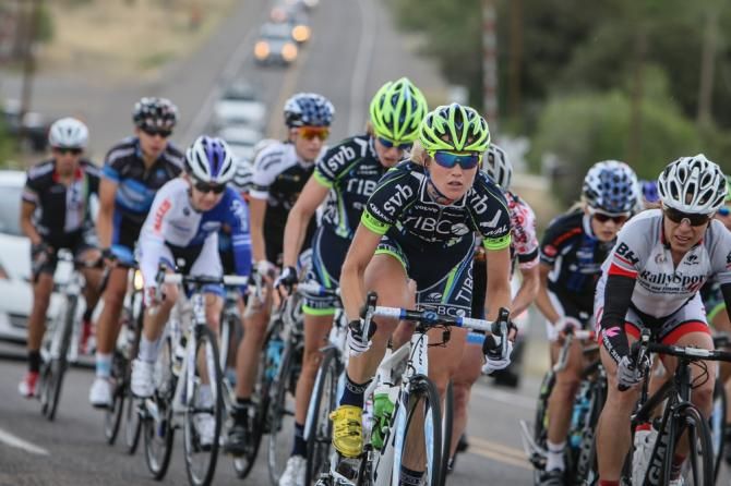 Lauren Stephens (TIBCO) gets to the front to set up for the finish