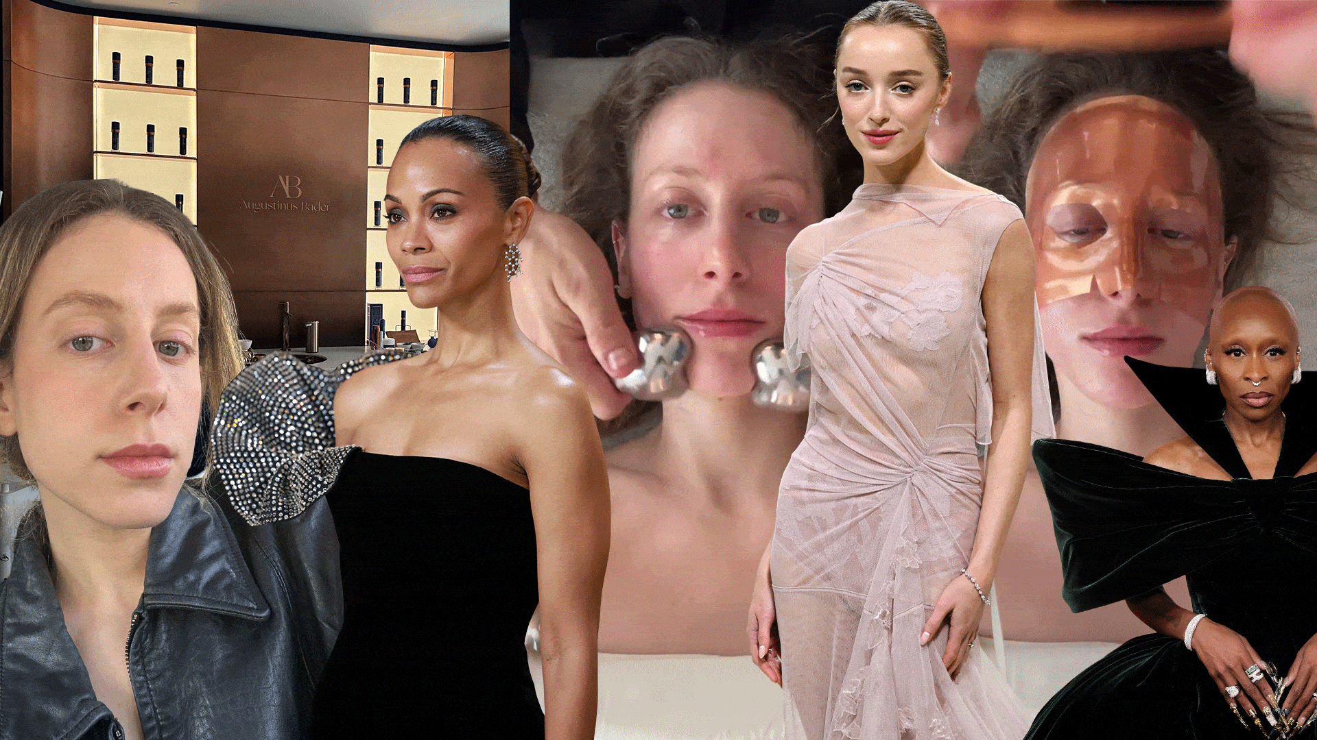 Collage of celebrities and Jamie Schneider receiving Lord Gavin's signature red carpet facial