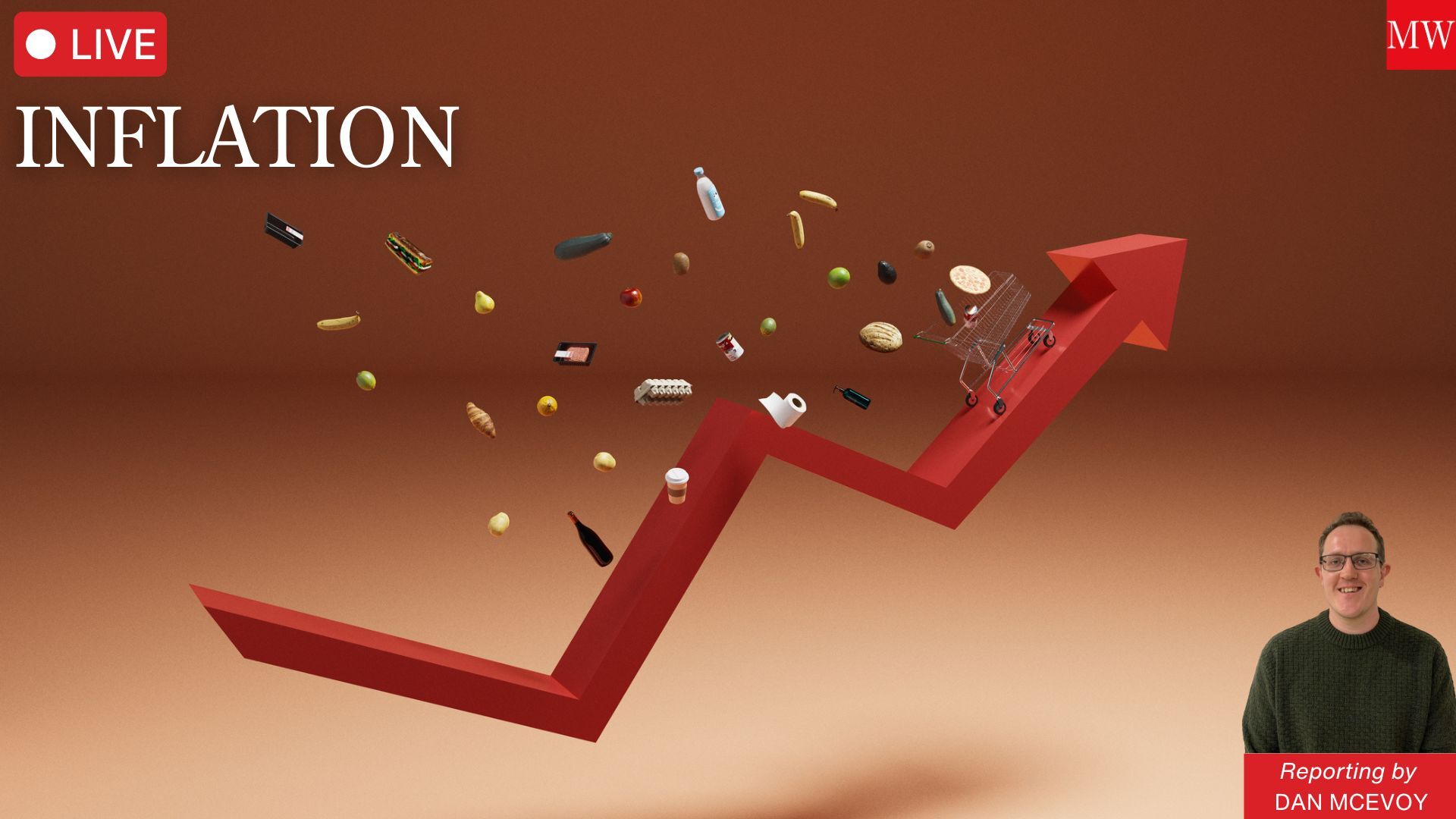 Conceptual image of a shopping cart on an arrow in in an upward trajectory with foods and groceries falling out, symbolising consumer inflation