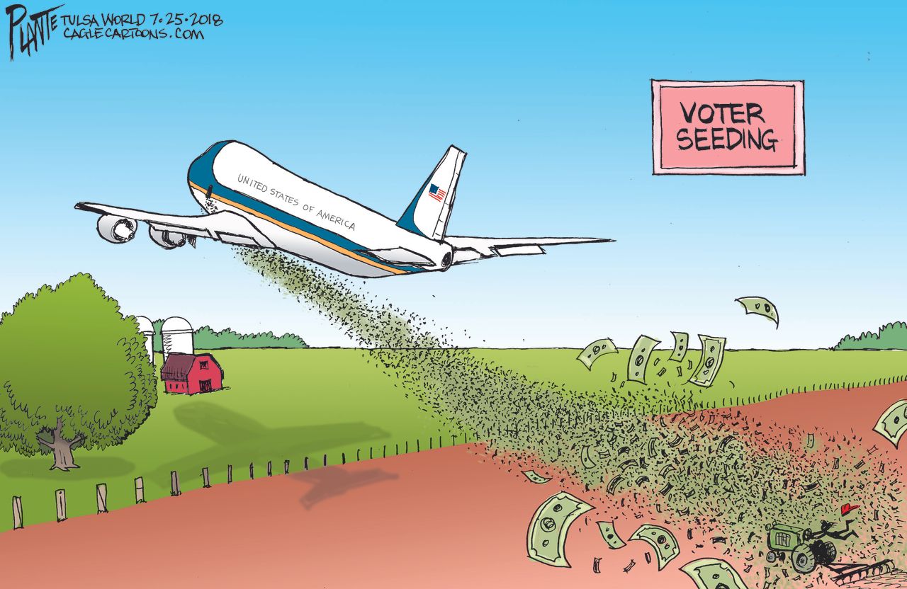 Political cartoon U.S. Trump trade war farm bailout voter seeding