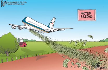 Political cartoon U.S. Trump trade war farm bailout voter seeding
