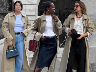 a fashion collage featuring three style influencers Marina Torres, Sylvie Mus, and Brittany Bathgate posing in expensive-looking trench coat outfits