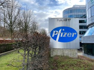 A Pfizer sign in Brussels, Belgium.