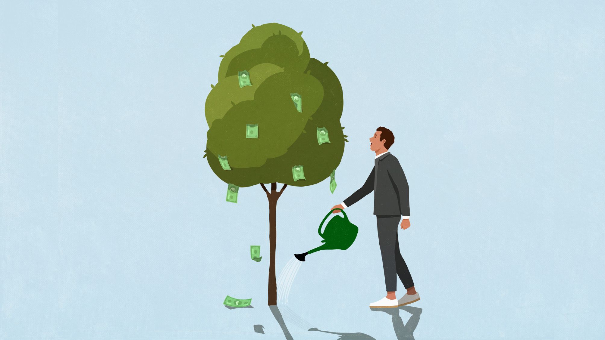 A man watering a money tree. Illustration. 