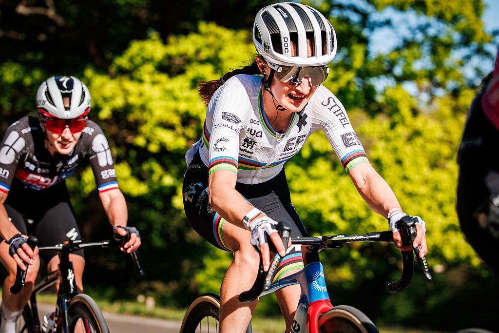 LIEGE, BELGIUM - APRIL 26: Magdeleine Vallieres of EF Education Oatly of Canada, Juliette Berthet of FDJ United Suez of France during the    match between 10th Liege v Bastogne - Liege Femmes 2026 - Women&amp;apos;s Elite at the Liege on April 26, 2026 in Liege Belgium (Photo by Pim Waslander/Soccrates/Getty Images)