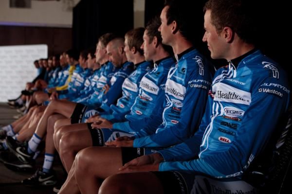 Riders lined up for questions and introductions at the team presentation.