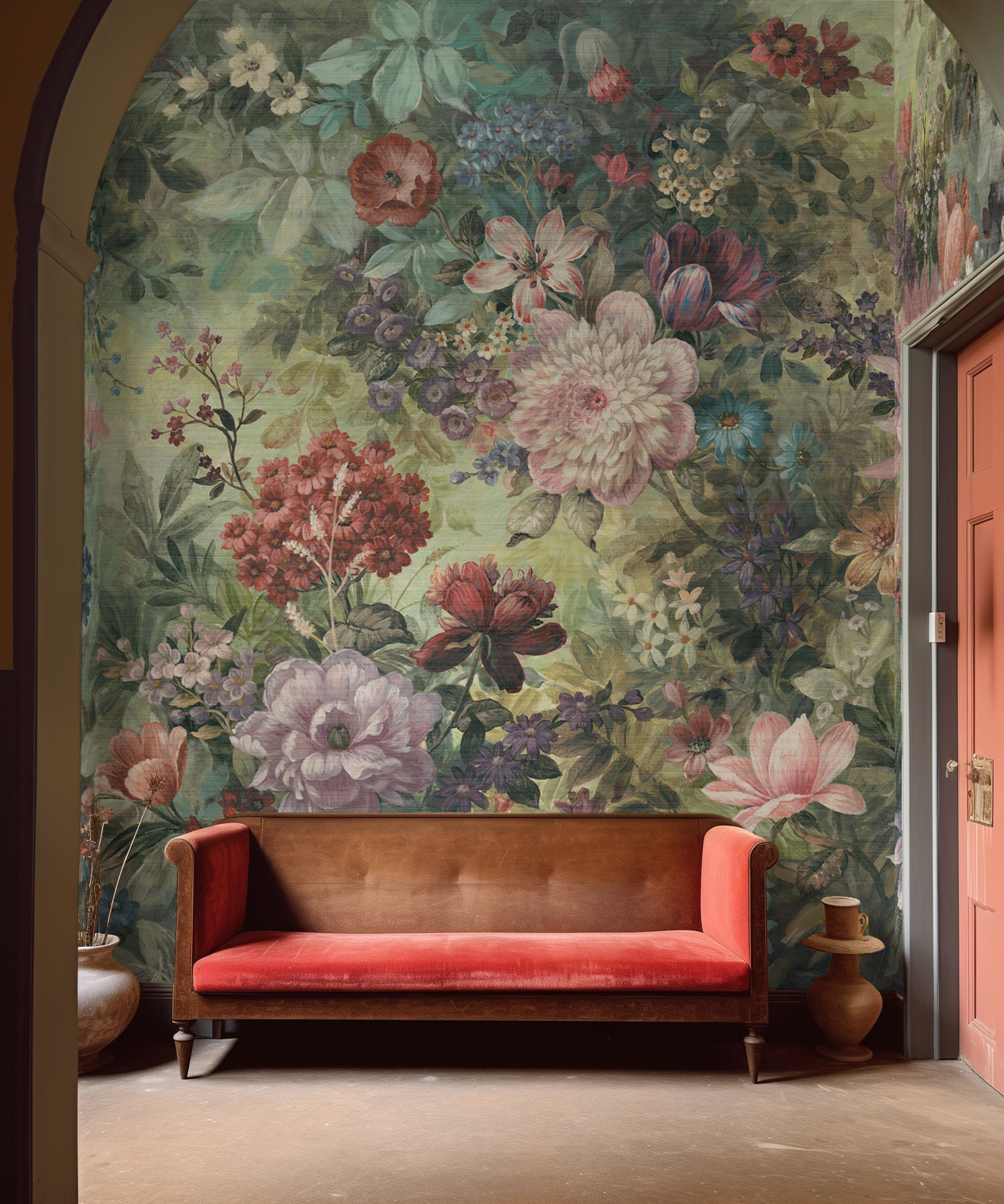 Dramatic hallway with a bold floral mural in rich reds, greens, and purples, framing a red velvet sofa beneath an arched ceiling.