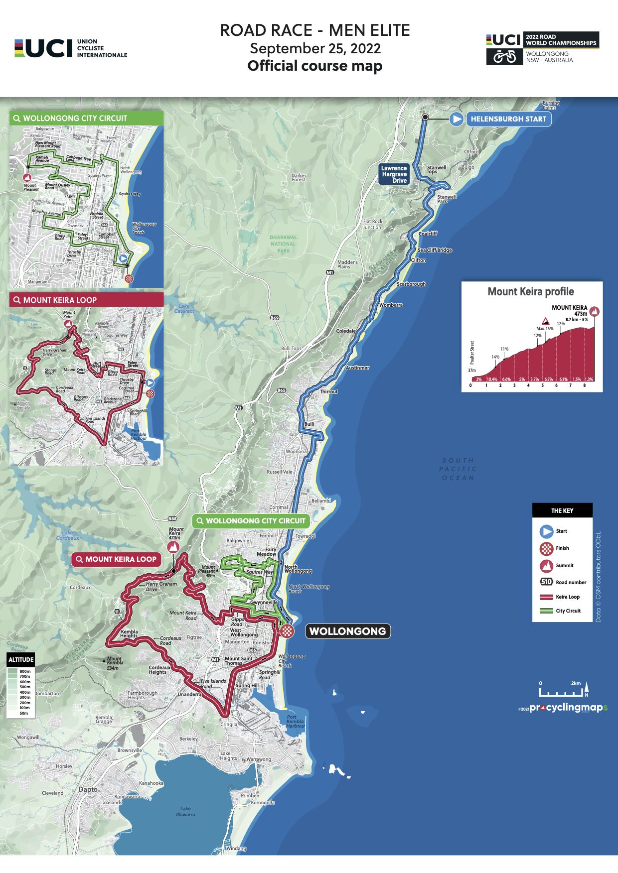 Road race course map for the UCI 2022 Road World Championships Wollongong