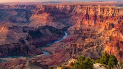 A series of flat red plateaus with a blue river cutting between them, creating a valley, with trees in the foreground. 