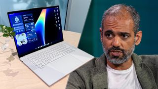 A split image with a Lenovo Googlebook and Sameer Samat, president of the Android Ecosystem at Google