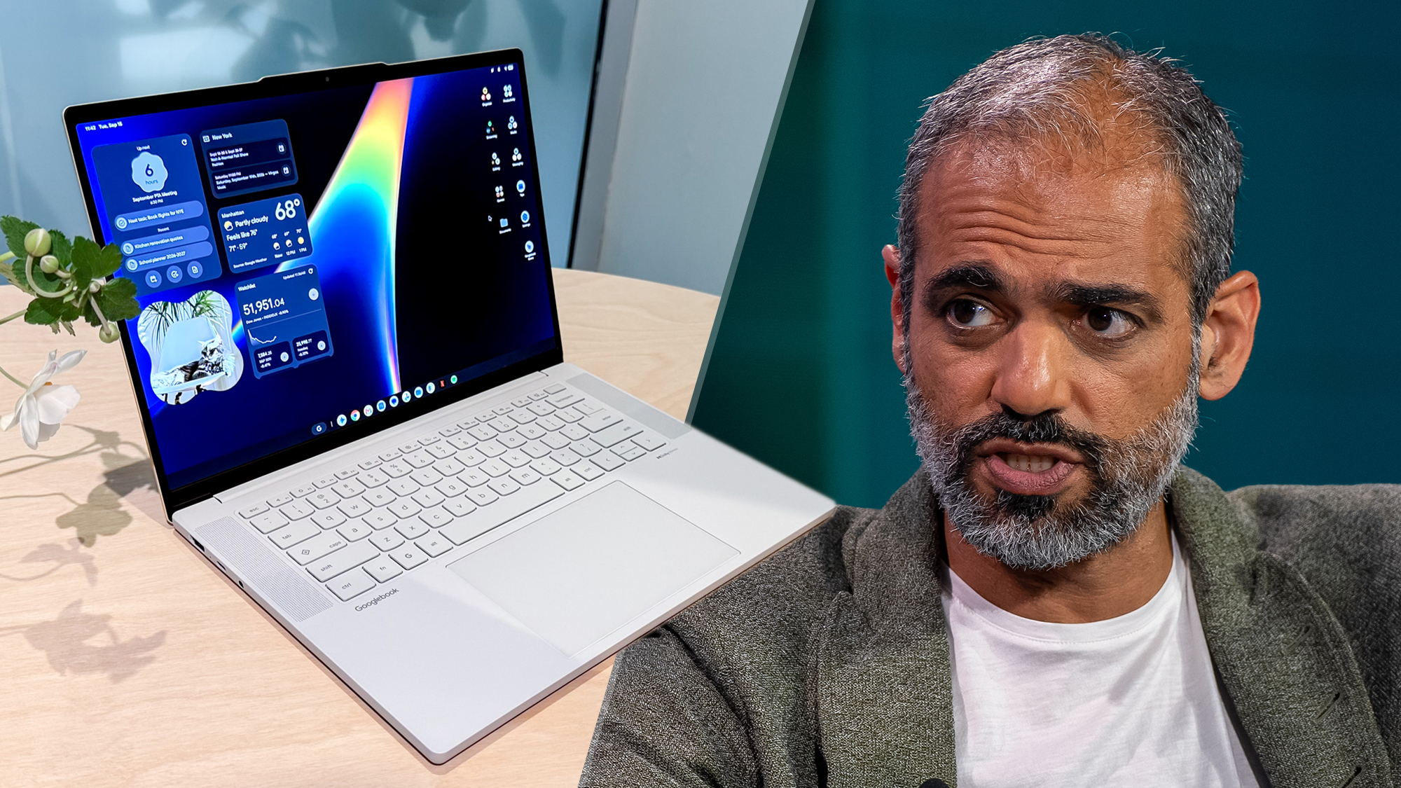 A split image with a Lenovo Googlebook and Sameer Samat, president of the Android Ecosystem at Google