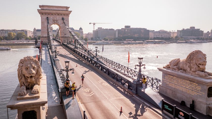 : In an aerial view, athletes compete in the women&#039;s marathon final at the Chain Bridge during day eight of the World Athletics Championships Budapest 2023 on August 26, 2023 in Budapest, Hungary. 
