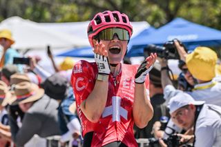 EF Education and Oatly Cycling Team rider Noemi Ruegg from Switzerland reacts after winning the second stage of the Tour Down Under cycling race in Adelaide on January 18, 2025. (Photo by Brenton Edwards / AFP) / -- IMAGE RESTRICTED TO EDITORIAL USE - STRICTLY NO COMMERCIAL USE --