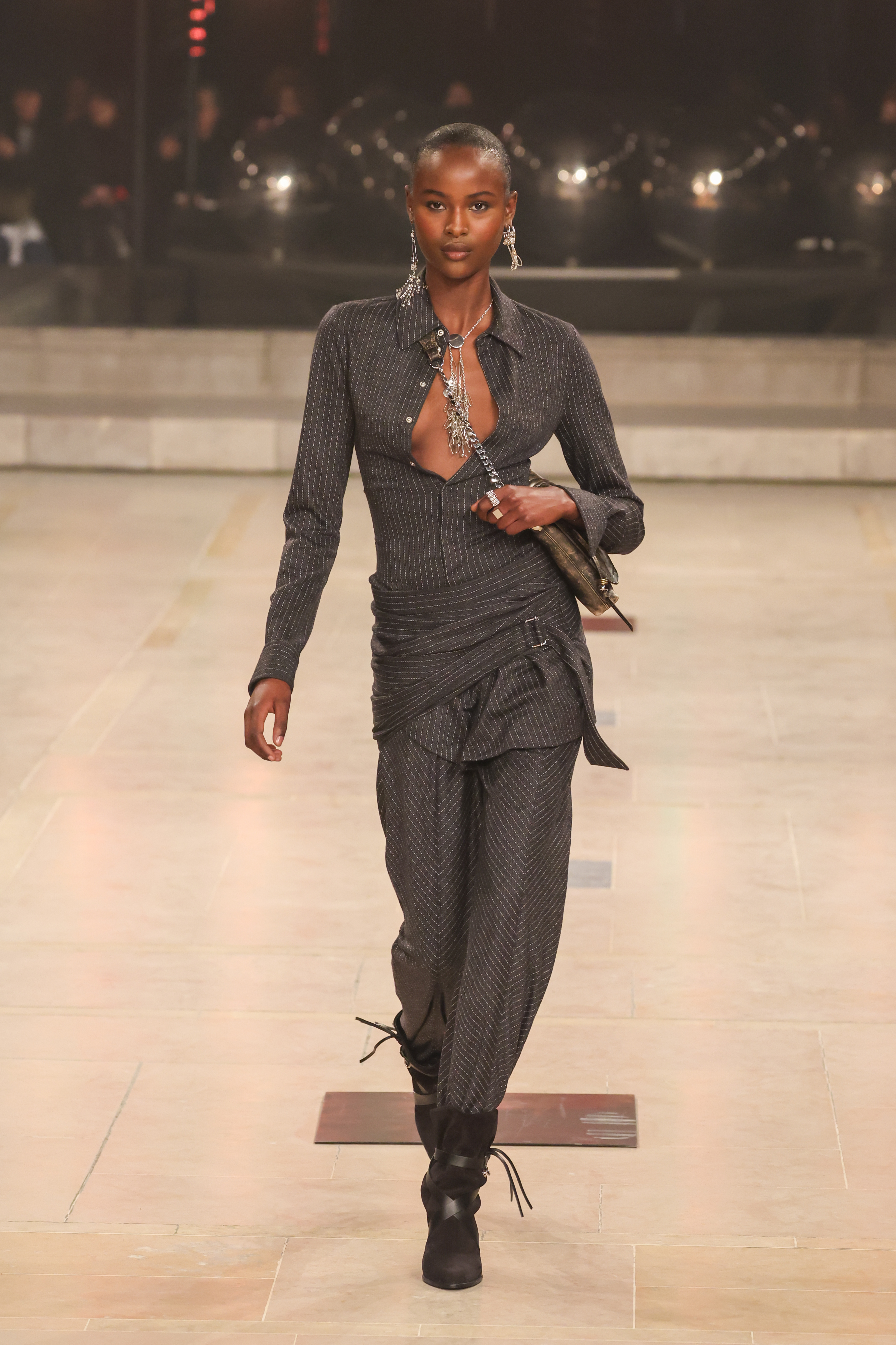 Autum/Winter 25 trouser trends - herringbone trousers grey shirt, Isabel Marant runway