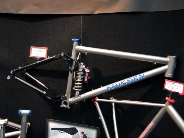Eriksen built this full-suspension frame with a Ventana rear end and ISCG tabs around the bottom bracket shell.