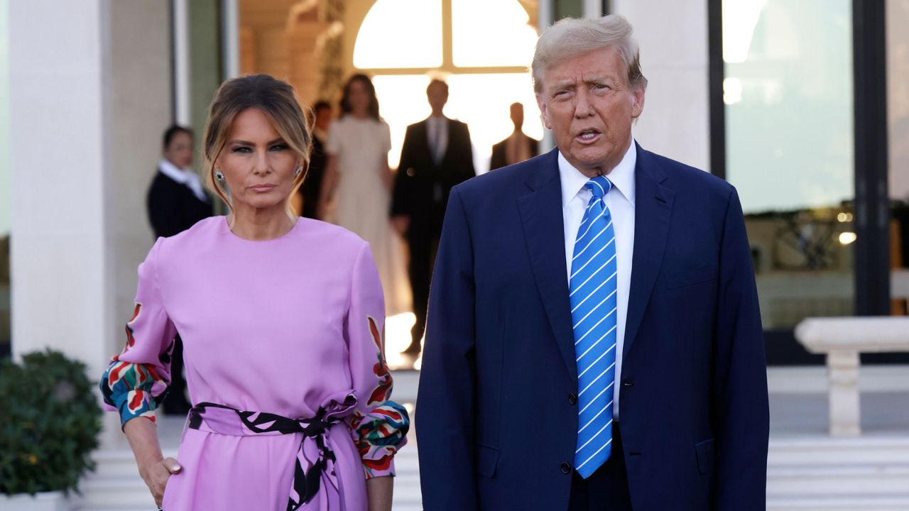 Melania and Donald Trump arrive at a fundraiser in Palm Beach, Florida