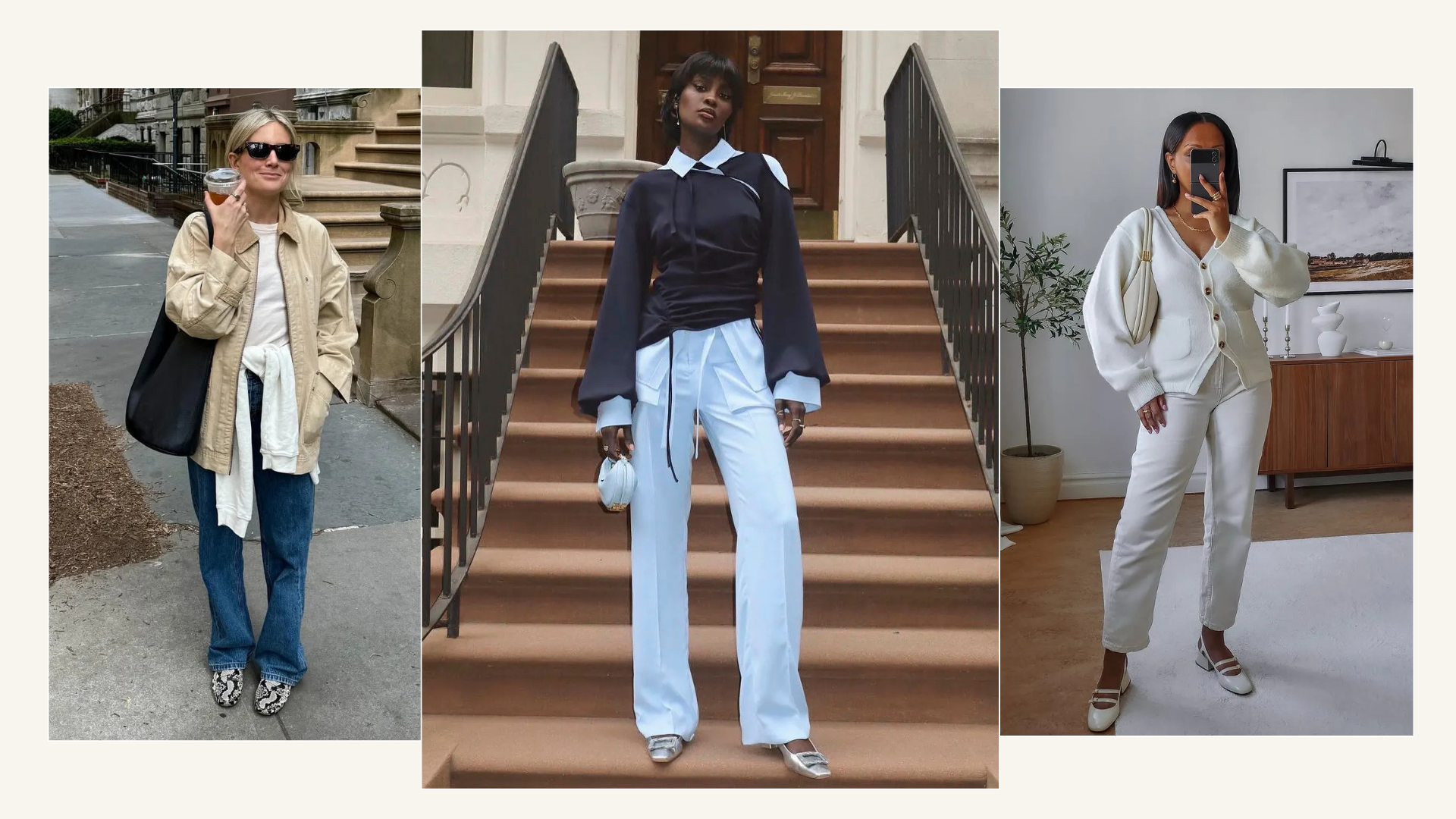Three outfits with different shoe colours